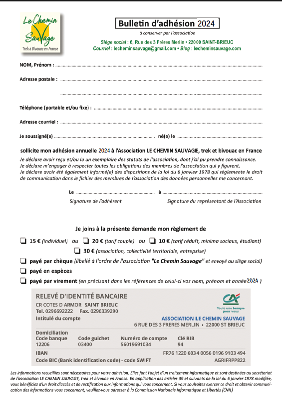 bulletin d'adhésion 2024 à l'association Le chemin Sauvage